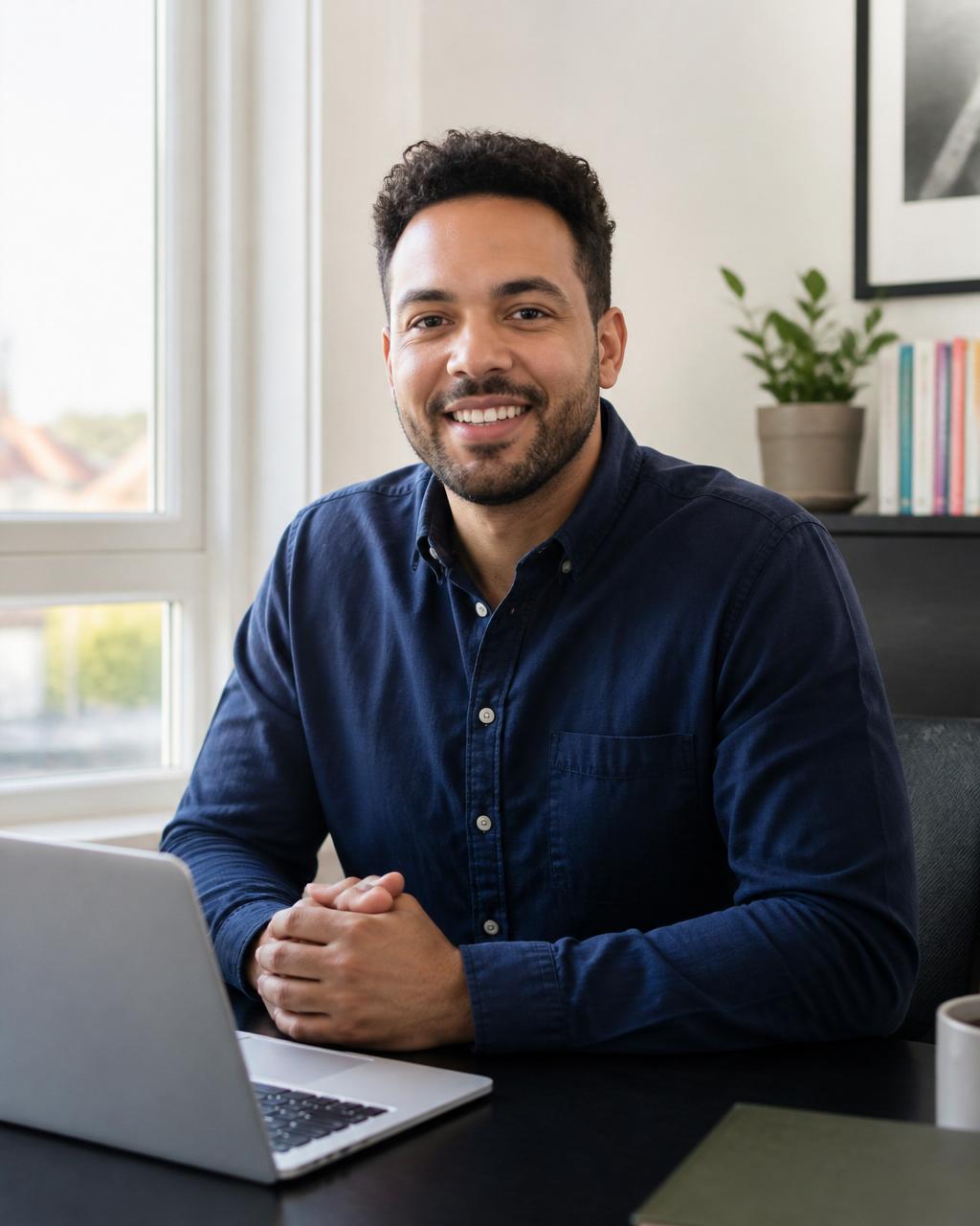 A friendly mixed race marketing consultant at his desk, ready to help