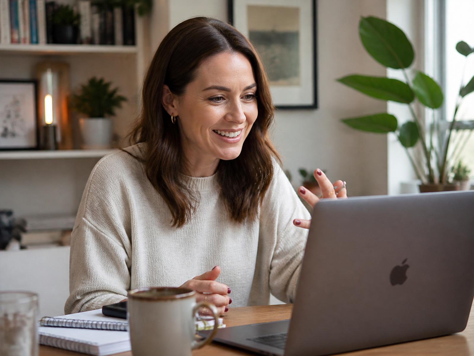 A friendly marketing consultant on a video call with a small business owner